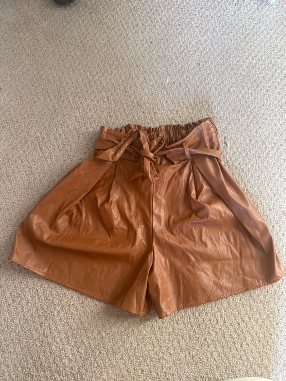 High-Waist Faux Leather Paperbag Shorts in Brown